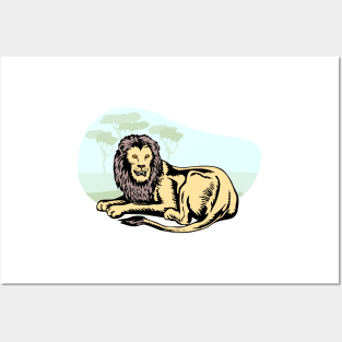 Lion Sitting in Savanna Retro Posters and Art